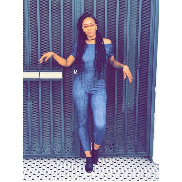 Folded Shoulder Denim Jumpsuit - Picture 1 of 5